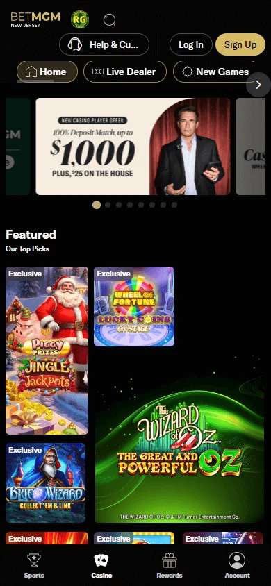 BetMGM Casino home experience on a mobile device