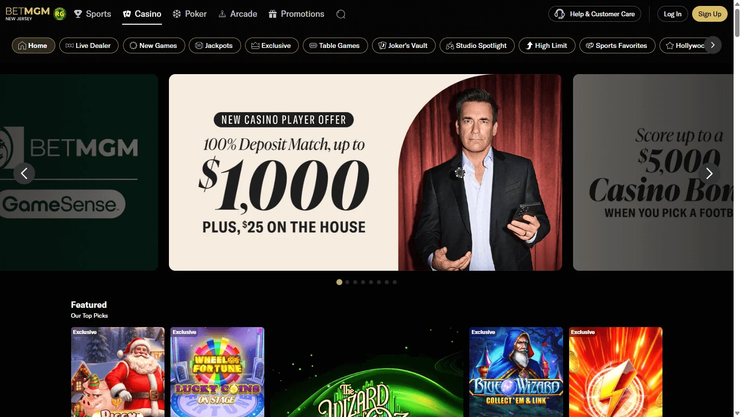 BetMGM Casino home experience on a desktop device