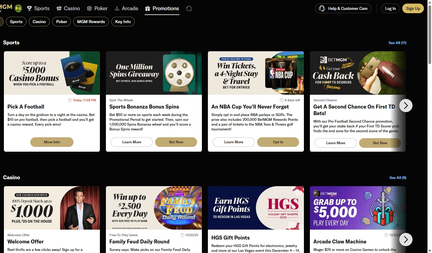 BetMGM Casino promotions experience on a desktop device