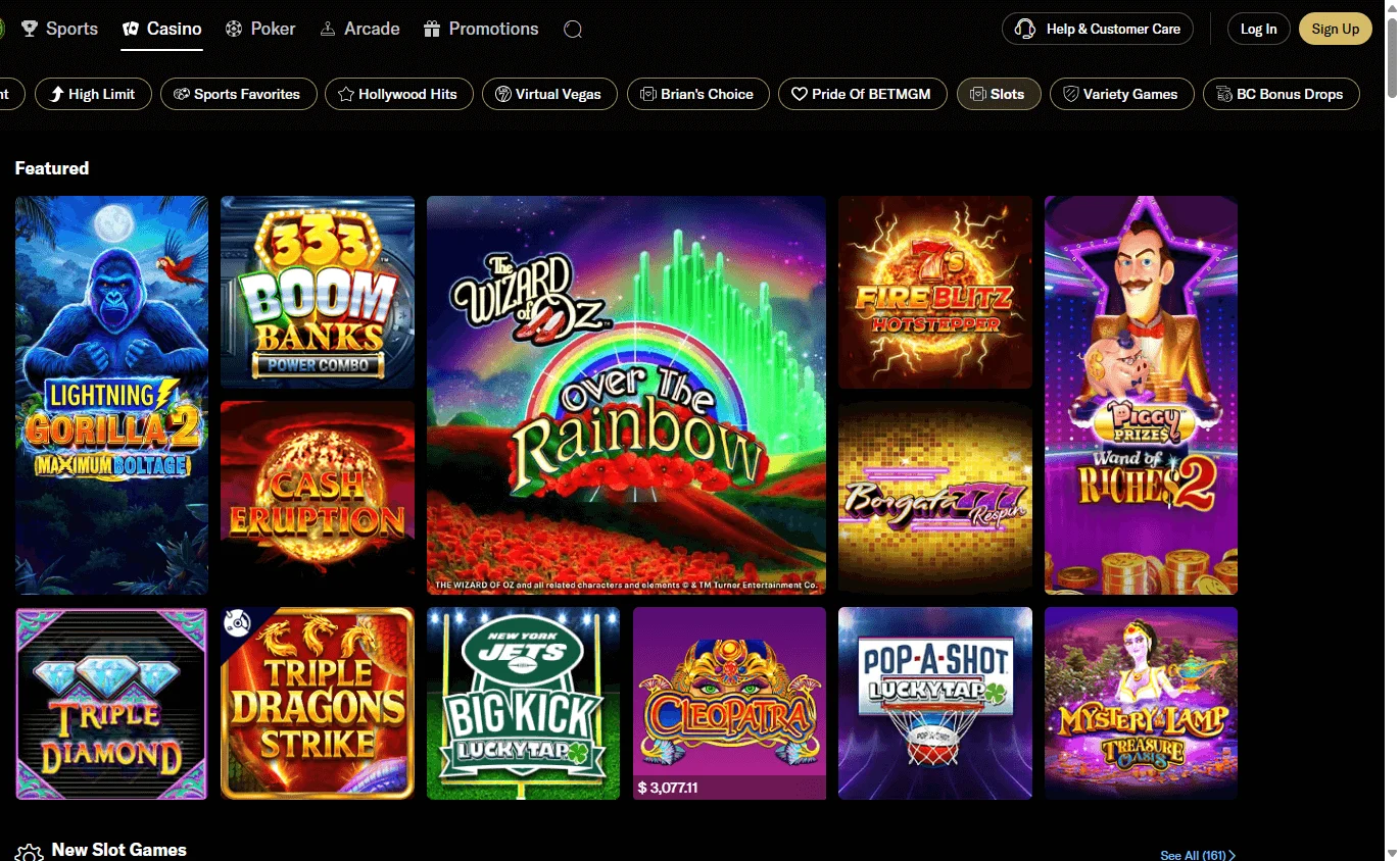 BetMGM Casino games experience on a desktop device
